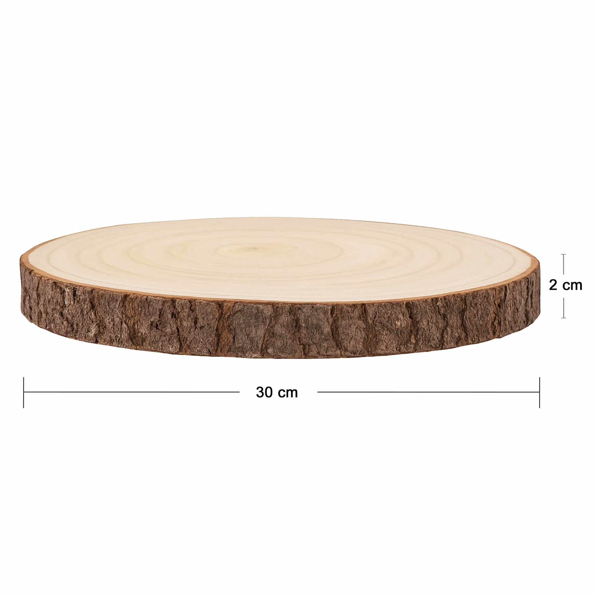Baumscheibe mit Gravur 30 cm Brautpaar Namen und Datum Hochzeit Jahrestag Geschenkidee Hochzeitsgeschenk Silberhochzeit Seitliche Ansicht einer naturbelassenen Baumscheibe aus Holz mit Rinde, Durchmesser 30 cm und Höhe 2 cm.
