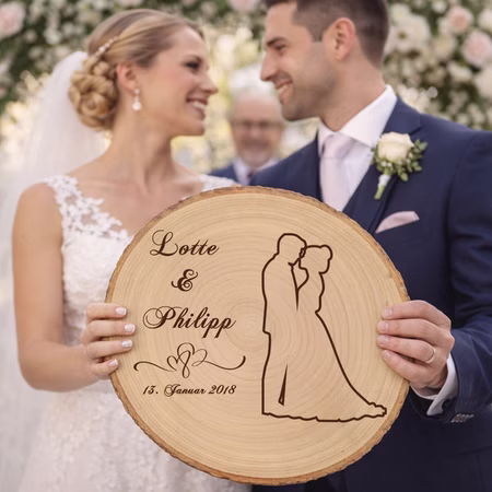 Baumscheibe mit Gravur 30 cm Brautpaar Namen und Datum Hochzeit Jahrestag Geschenkidee Hochzeitsgeschenk Silberhochzeit Braut und Bräutigam halten eine personalisierte Baumscheibe mit Hochzeitsgravur während der Zeremonie, im Hintergrund Blumen und Hochzeitsgesellschaft. Hinweis: KI generiertes Bild