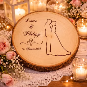 Baumscheibe mit Gravur 30 cm Brautpaar Namen und Datum Hochzeit Jahrestag Geschenkidee Hochzeitsgeschenk Silberhochzeit Personalisierte Baumscheibe mit Hochzeitsgravur liegt dekorativ auf Spitze, umgeben von Kerzenlicht, Rosen und feiner Hochzeitsdekoration.
