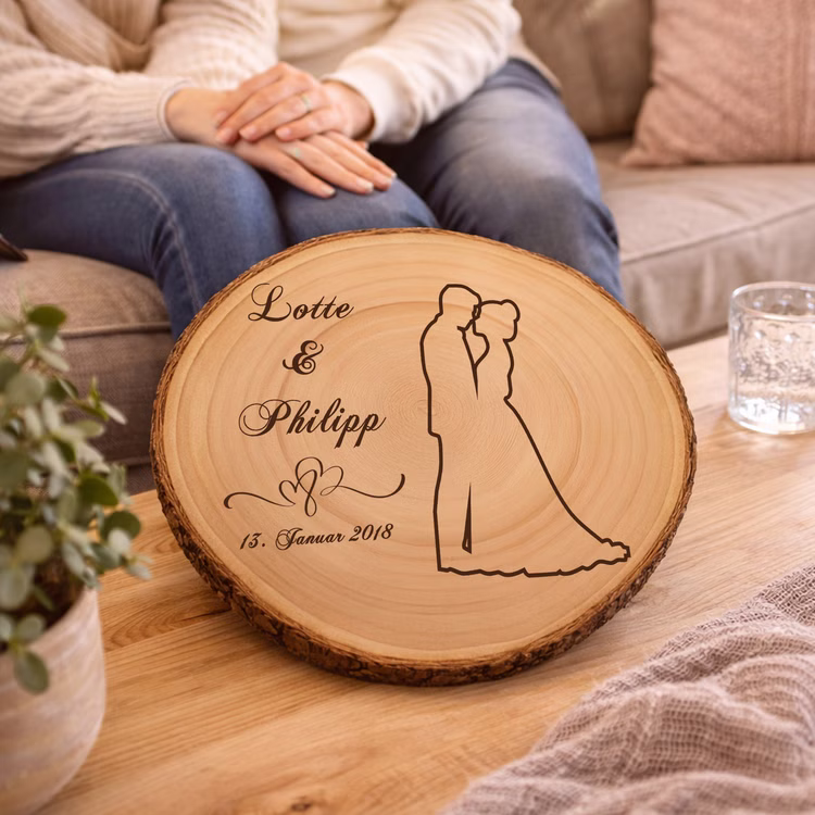 Baumscheibe mit Gravur 30 cm Brautpaar Namen und Datum Hochzeit Jahrestag Geschenkidee Hochzeitsgeschenk Silberhochzeit Gravierte Holzscheibe mit Hochzeitsmotiv liegt auf einem Couchtisch im Wohnzimmer, im Hintergrund sitzt ein Paar entspannt auf dem Sofa.