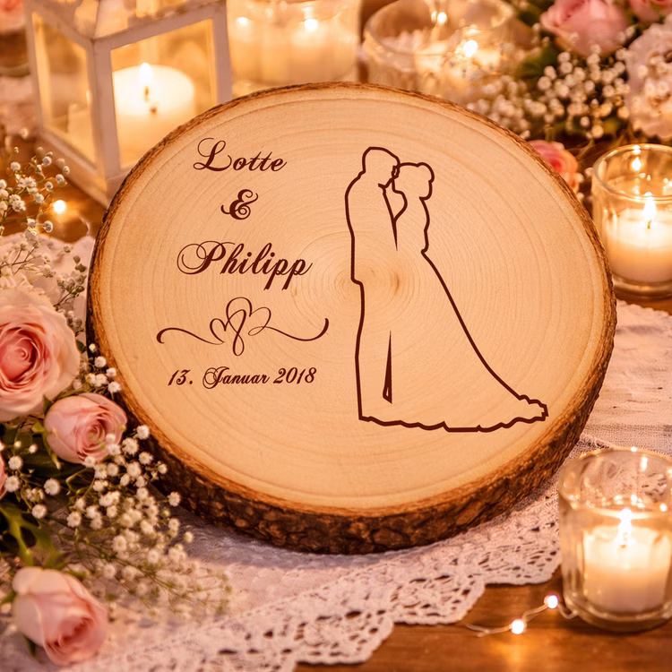 Baumscheibe mit Gravur 30 cm Brautpaar Namen und Datum Hochzeit Jahrestag Geschenkidee Hochzeitsgeschenk Silberhochzeit Personalisierte Baumscheibe mit Hochzeitsgravur liegt dekorativ auf Spitze, umgeben von Kerzenlicht, Rosen und feiner Hochzeitsdekoration.