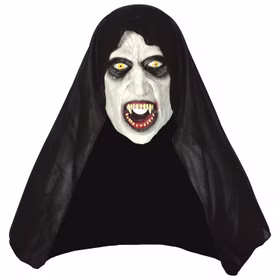 Böse Nonne Maske von Vorne mit langem, schwarzen Schleier von Vorn