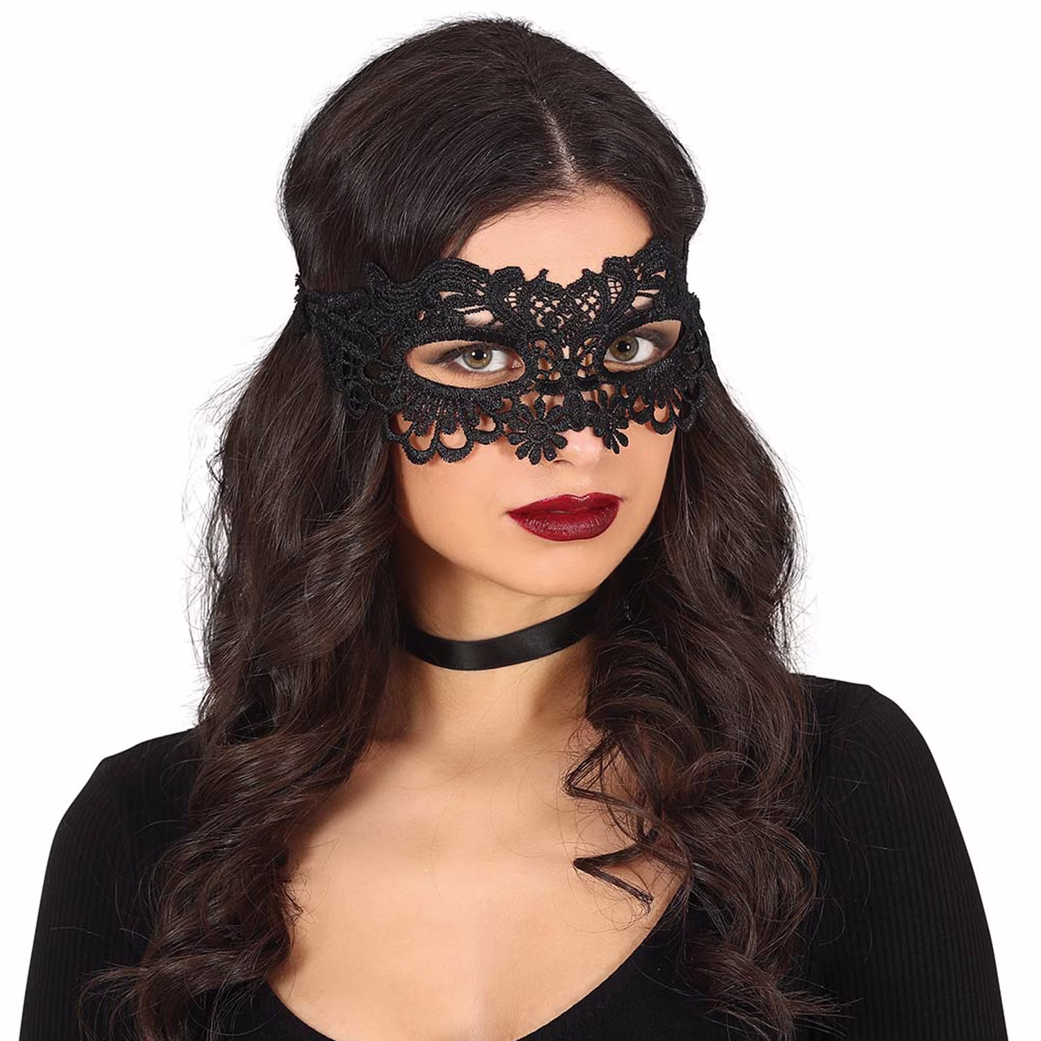 Augenmaske Schwarz mit Spitze Venezia Maskenball Kostüm-Zubehör für Damen Fasching Karneval Mottoparty Halloween Augenmaske Schwarz mit Spitze Venezia seitlich von Vorne
