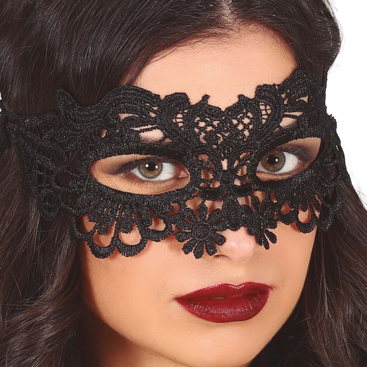 Augenmaske Schwarz mit Spitze Venezia seitlich von Vorne