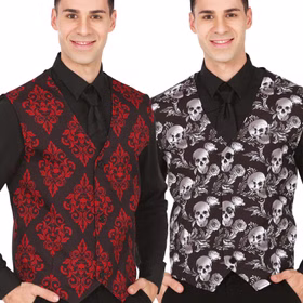 Vampir Weste mit rotem Rautenmuster Dracula Kostüm für Herren Onesize Kostüm-Zubehör Fasching Karneval Halloween Weste mit rotem Rautenmuster und Totenkopf-Motiv und Weste mit weißem Totenkopf-Motiv von Vorne