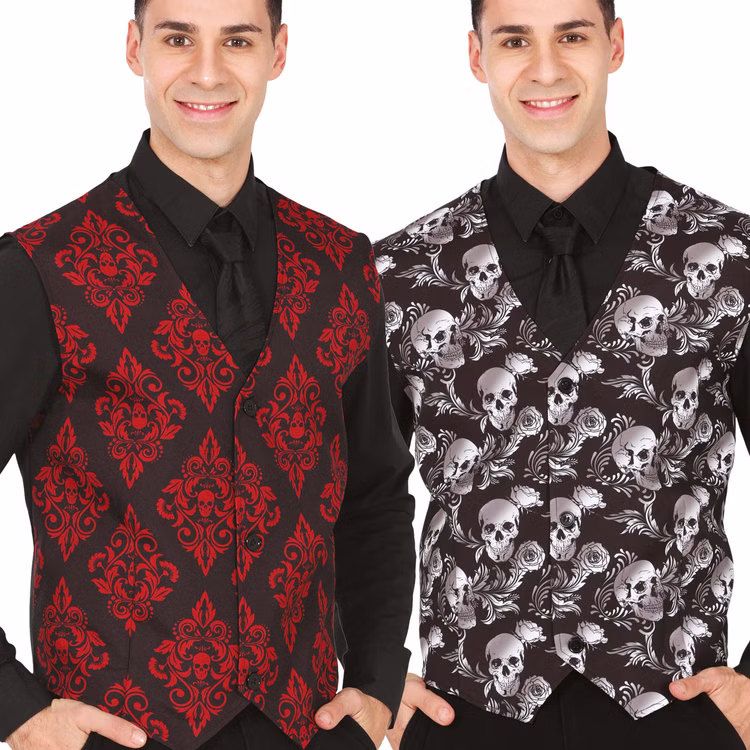 Vampir Weste mit rotem Rautenmuster Dracula Kostüm für Herren Onesize Kostüm-Zubehör Fasching Karneval Halloween Weste mit rotem Rautenmuster und Totenkopf-Motiv und Weste mit weißem Totenkopf-Motiv von Vorne