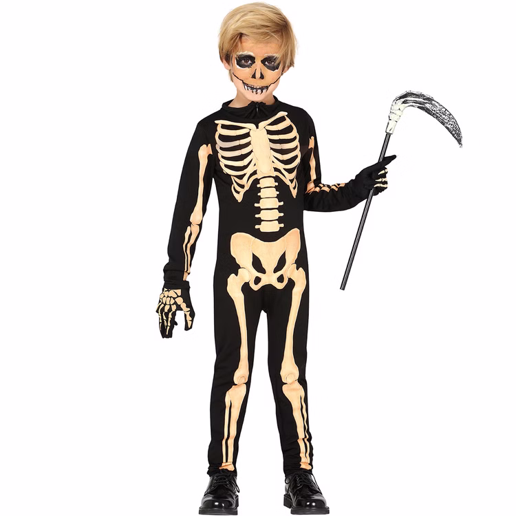 Skelett Kostüm gruseliger Halloween Overall für Kinder 3-12 Jahre Fasching Karneval Halloween Kindergeburtstag Skelett Kostüm für Kinder vorn Vorne mit Sense in der linken Hand