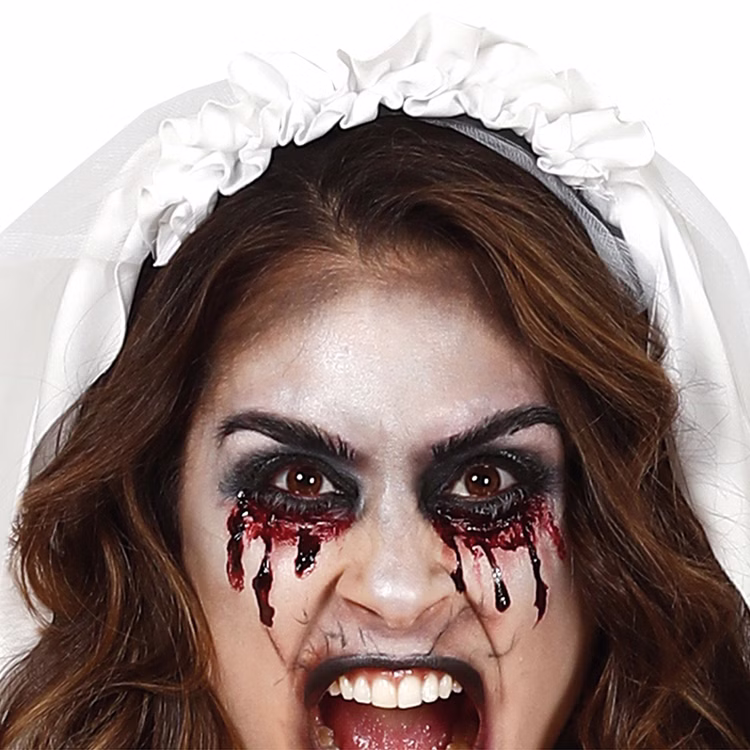 Blutige Braut Halloween Brautkleid mit Schleier für Teenager und Damen Gr. M-XL Halloween-Kostüm Fasching Karneval Blutige Braut Halloween Kostüm für Damen Detailaufnahme geschminktes Gesicht Haarreif mit Schleier