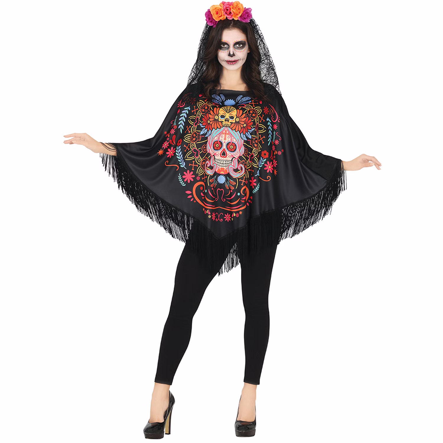 Halloween Kostüm Tag der Toten Poncho Day of the Death für Damen von Vorne