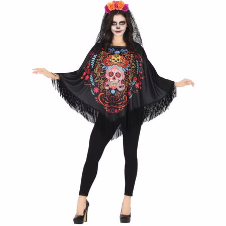 Halloween Kostüm Tag der Toten Poncho Day of the Death für Damen Gr. 38-40 Kostüm-Zubehör Fasching Karneval Mottoparty Halloween Kostüm Tag der Toten Poncho Day of the Death für Damen von Vorne