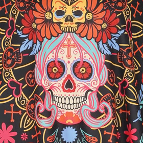 Halloween Kostüm Tag der Toten Poncho Day of the Death für Damen Nahaufnahme Poncho-Muster von Vorne