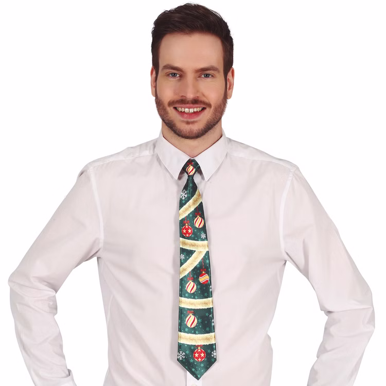 Krawatte Weihnachten Tannengrün mit Weihnachtskugeln 45 cm lang für Herren lustige Krawatte Geschenkidee Advent Weihnachten Nikolaus Weihnachtsfeier Lustige Krawatte mit Weihnachtsmotiv zu einem weißen Hemd von Vorne
