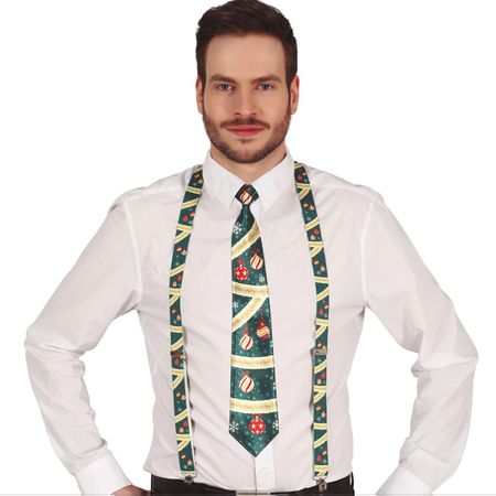 Krawatte & Hosenträger Weihnachten Tannengrün mit Weihnachtskugeln für Herren
