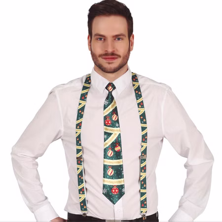 Krawatte & Hosenträger Weihnachten Tannengrün mit Weihnachtskugeln für Herren