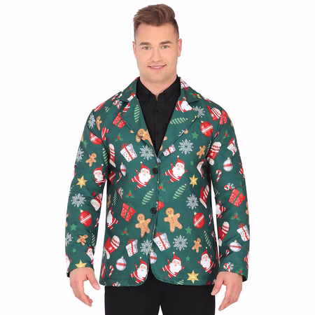 Jackett Weihnachten Tannengrün mit Weihnachtsmotiven für Herren Gr. 48-50 Weihnachtsfeier Heiligabend Familienfeier Sakko Jackett Weihnachten Tannengrün mit Weihnachtsmotiven für Herren von Vorne