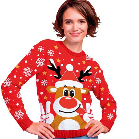 Weihnachtspullover Christmas Sweater Rot mit Rentier Rudolph für Damen