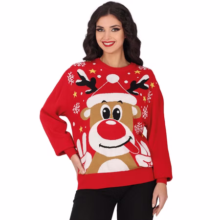 Weihnachtspullover Christmas Sweater Rot mit Rentier Rudolph für Damen Gr. 36-44 Geschenkidee Ugly Christmas Sweater Advent Weihnachtsfeier Weihnachtspullover Rot mit Rentier-Motiv von Vorne