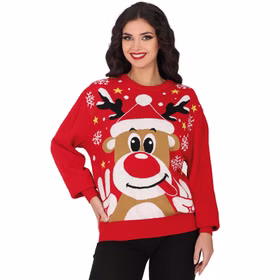 Weihnachtspullover Christmas Sweater Rot mit Rentier Rudolph für Damen Gr. 36-44 Geschenkidee Ugly Christmas Sweater Advent Weihnachtsfeier Weihnachtspullover Rot mit Rentier-Motiv von Vorne