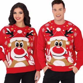 Weihnachtspullover Christmas Sweater Rot mit Rentier Rudolph für Damen Gr. 36-44 Geschenkidee Ugly Christmas Sweater Advent Weihnachtsfeier Weihnachtspullover Rot mit Rentier-Motiv von Vorne Partnerlook für Damen und Herren