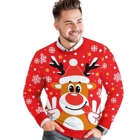 Weihnachtspullover Christmas Sweater Rot mit Rentier Rudolph für Herren