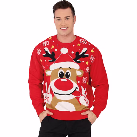Weihnachtspullover Christmas Sweater Rot mit Rentier Rudolph für Herren 48-56 Rot Geschenkidee Ugly Christmas Sweater Advent Weihnachtsfeier Weihnachtspullover Rot mit Rentier-Motiv von Vorne