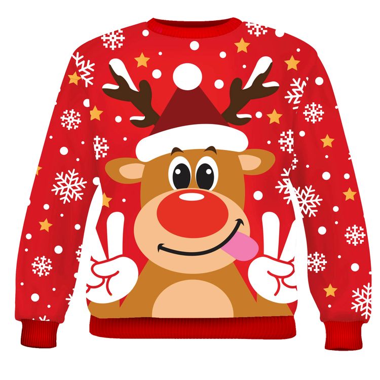 Weihnachtspullover Christmas Sweater Rot mit Rentier Rudolph für Herren Weihnachtspullover Rot mit Rentier-Motiv von Vorne