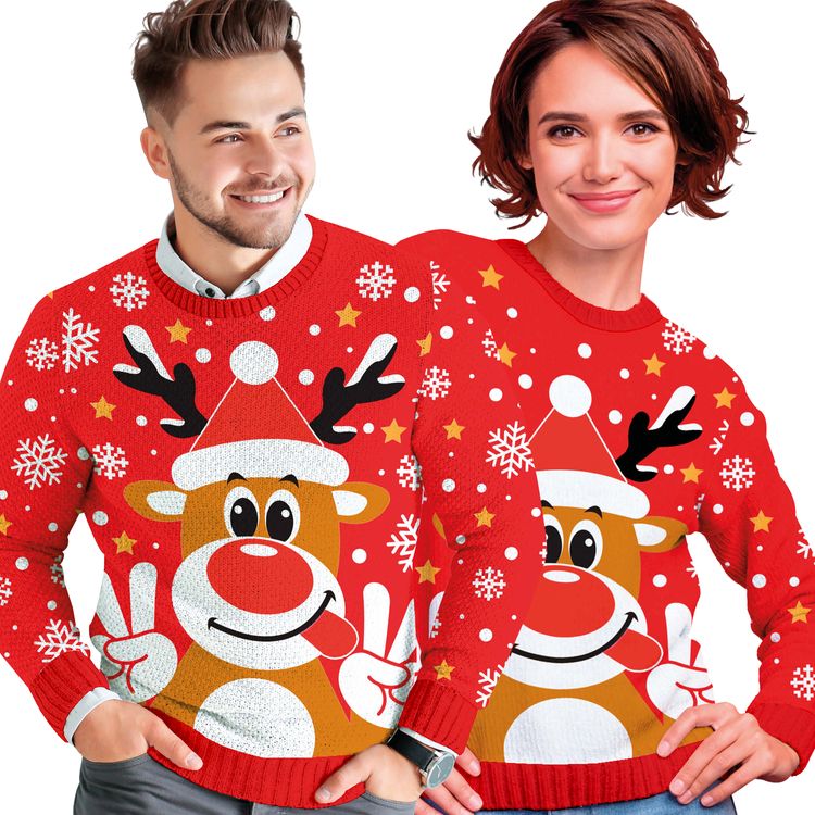 Weihnachtspullover Christmas Sweater Rot mit Rentier Rudolph für Herren Weihnachtspullover Rot mit Rentier-Motiv von Vorne