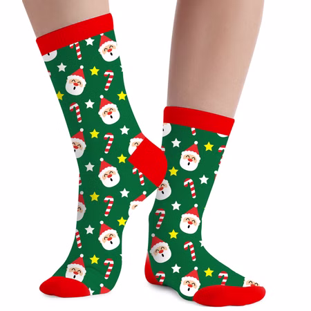 Socken Weihnachten Tannengrün Zuckerstangen Weihnachtsmann für Kinder & Erwachsene Gr. 22-48 Blau Geschenkidee Advent Nikolaus Weihnachten Lustige Socken mit Weihnachtsmann-Motiv und Zuckerstange für Kinder und Erwachsene