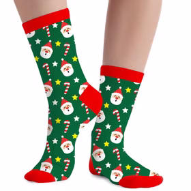 Socken Weihnachten Tannengrün Zuckerstangen Weihnachtsmann für Kinder & Erwachsene Gr. 22-48 Blau Geschenkidee Advent Nikolaus Weihnachten Lustige Socken mit Weihnachtsmann-Motiv und Zuckerstange für Kinder und Erwachsene