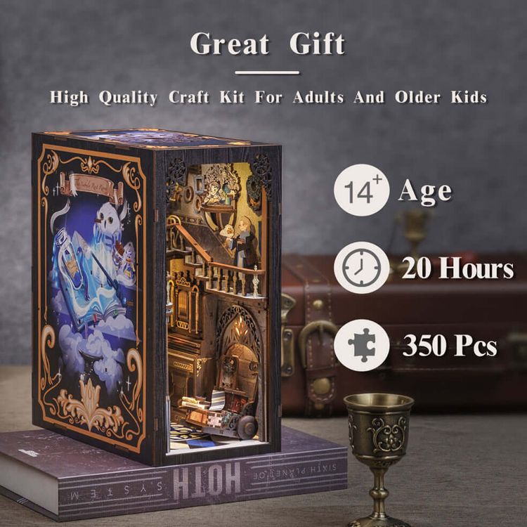 Book Nook Magic 350 Teile DIY 3D Miniatur Buchstütze mit LED-Licht Holzkunst Modell