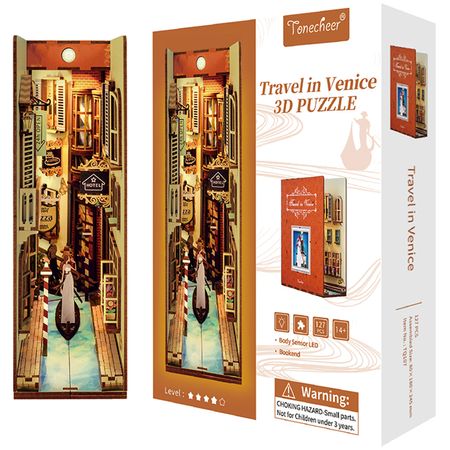 Book Nook Travel in Venice 127 Teile DIY 3D Miniatur Buchstütze mit LED-Licht