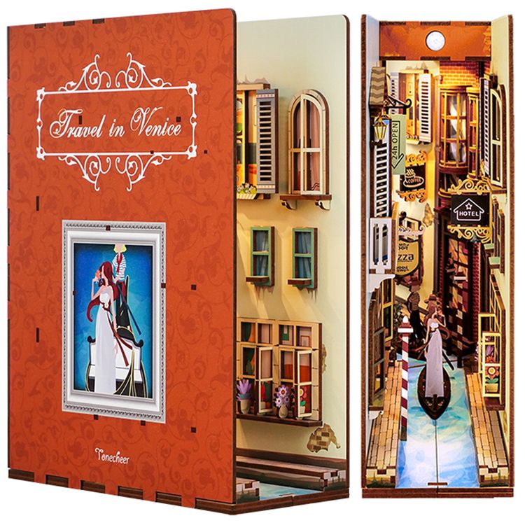 Book Nook Travel in Venice 127 Teile DIY 3D Miniatur Buchstütze mit LED-Licht