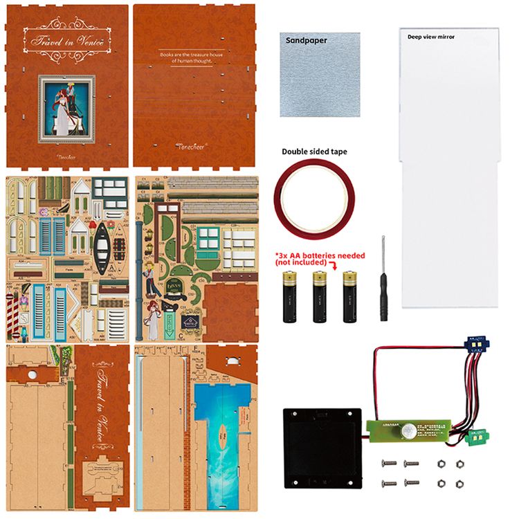 Book Nook Travel in Venice 127 Teile DIY 3D Miniatur Buchstütze mit LED-Licht