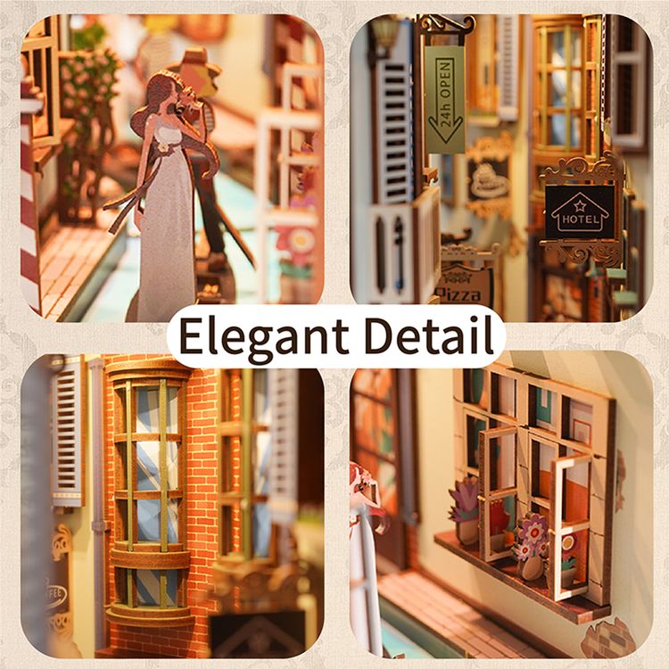 Book Nook Travel in Venice 127 Teile DIY 3D Miniatur Buchstütze mit LED-Licht