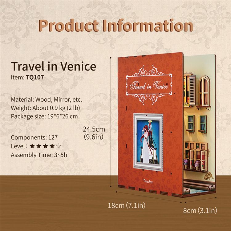 Book Nook Travel in Venice 127 Teile DIY 3D Miniatur Buchstütze mit LED-Licht