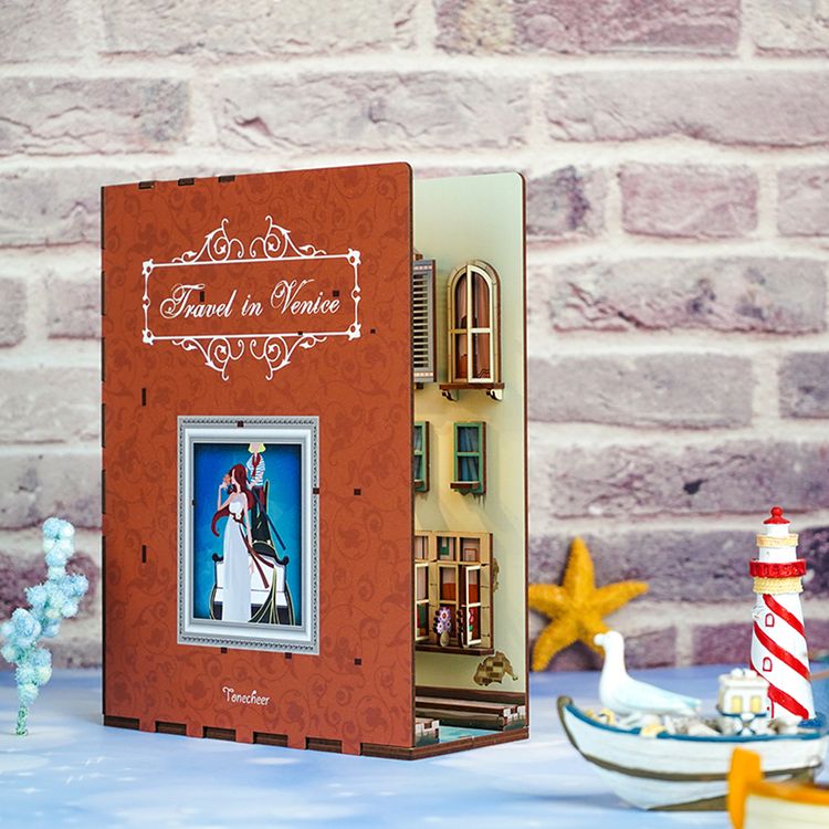 Book Nook Travel in Venice 127 Teile DIY 3D Miniatur Buchstütze mit LED-Licht