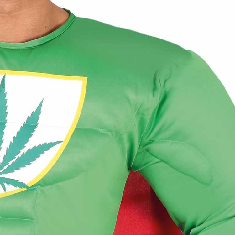 Cannabis Kostüm Marihuana Superheld für Herren Gr. L-XL grün Fasching Karneval Mottoparty Cannabis Kostüm Marihuana Superheld für Herren Detailaufnahme muskulöse Schultern