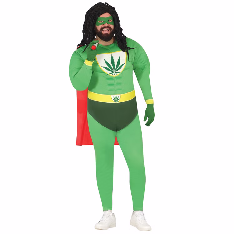 Cannabis Kostüm Marihuana Superheld für Herren Gr. L-XL grün Fasching Karneval Mottoparty Cannabis Kostüm Marihuana Superheld für Herren von Vorne mit Rasta-Perücke
