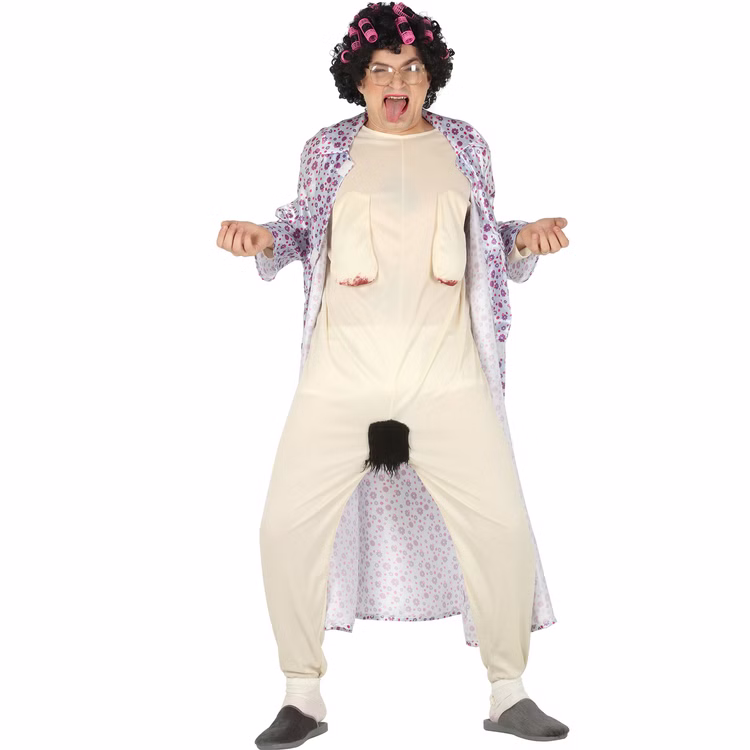Männerballett Kostüm Exhibitionistin Oma Erna in Kittelschürze für Herren Gr. L Fasching Karneval Mottoparty JGA Männerballett Kostüm Exhibitionistin Oma Erna mit geöffneter Kittelschürze von Vorn