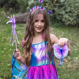 Schmetterling Kostüm Schwebender Bläuling mit Flügeln & Haarreif Blau-Lila für Kinder Gr. 98-128 Tier Tierkostüm Fasching Karneval Geburtstag Schmetterling Kostüm Schwebender Bläuling für Kinder Nahaufnahme von Vorne mit Haarreif und Accessoires