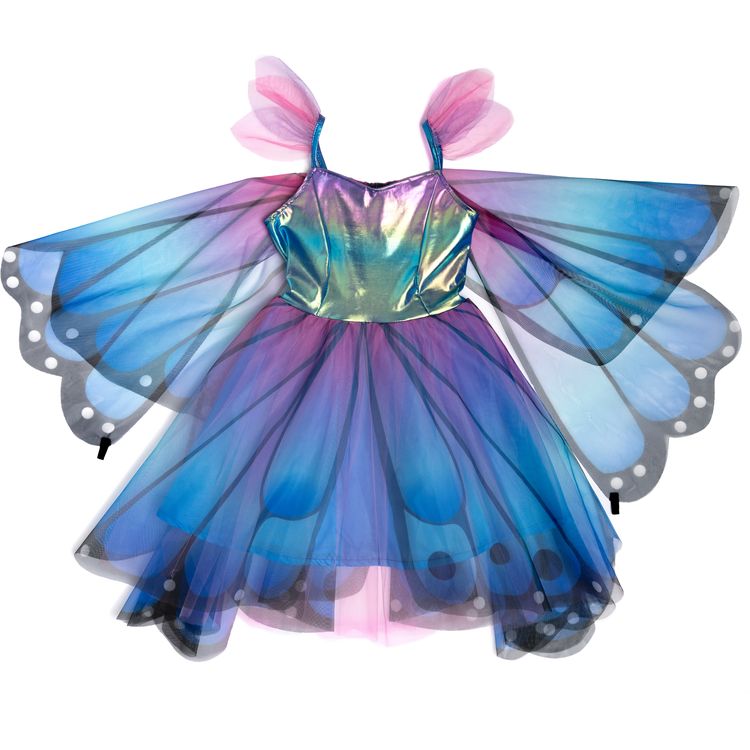 Schmetterling Kostüm Schwebender Bläuling mit Flügeln Blau-Lila für Kinder Schmetterling Kostüm Schwebender Bläuling mit Flügeln & Haarreif für Kinder auf der Wiese mit ausgebreiteten Flügeln von Vorne