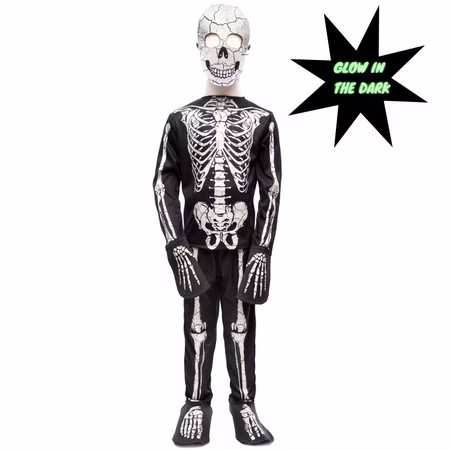 Halloween Skelett Kostüm Glow in the Dark mit Maske für Kinder Gr. 98-128 Halloweenkostüm Unisex Kinder Fasching Karneval Mottoparty Halloween Skelett Kostüm Glow in the Dark mit Maske für Kinder von Vorne mit Glow in the Dark Symbol