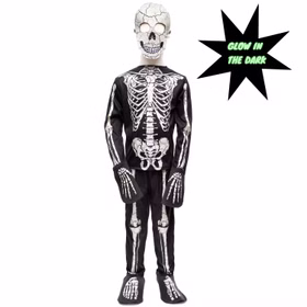 Halloween Skelett Kostüm Glow in the Dark mit Maske für Kinder von Vorne mit Glow in the Dark Symbol