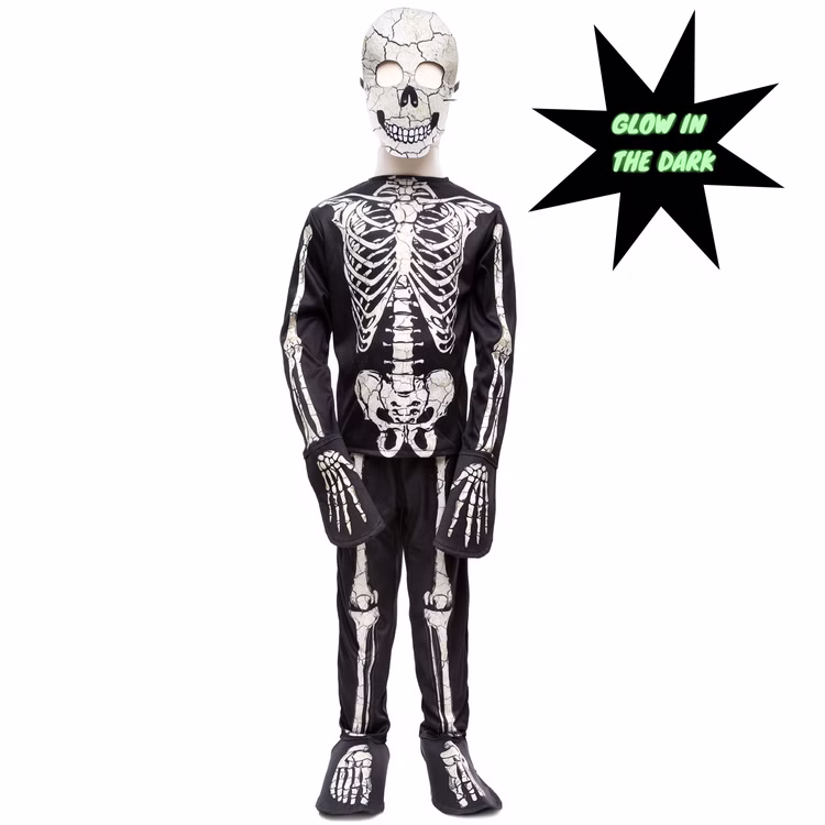 Halloween Skelett Kostüm Glow in the Dark mit Maske für Kinder Gr. 98-128 Halloweenkostüm Unisex Kinder Fasching Karneval Mottoparty Halloween Skelett Kostüm Glow in the Dark mit Maske für Kinder von Vorne mit Glow in the Dark Symbol