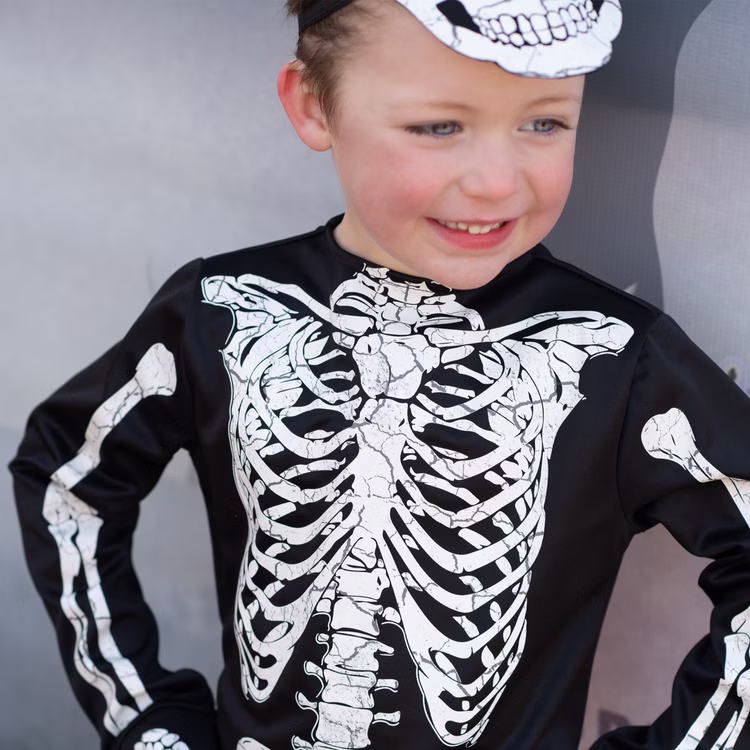 Halloween Skelett Kostüm Glow in the Dark mit Maske für Kinder Gr. 98-128 Halloweenkostüm Unisex Kinder Fasching Karneval Mottoparty Halloween Skelett Kostüm Glow in the Dark mit Maske für Kinder Nahaufnahme Oberkörper