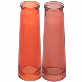 Vase Soliflore Samba Orangefarbene und rosafarbene Glasvasen nebeneinander