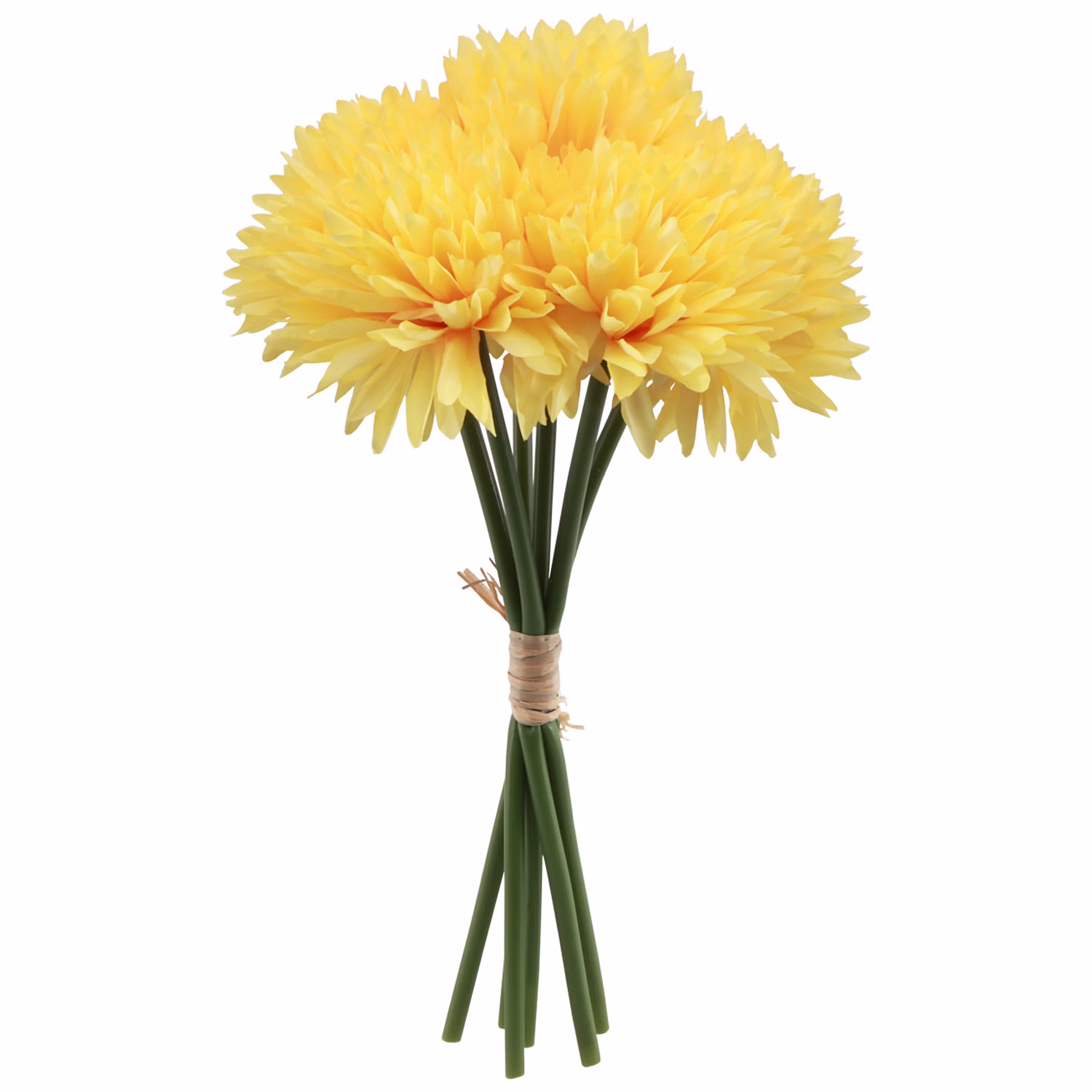 Kunstblumen Dahlien Gelb Blumenstrauß Freisteller Künstlicher Blumenstrauß mit sechs leuchtend gelben Dahlien, üppigen Blüten, grünen Stielen und naturfarbener Bindung vor weißem Hintergrund.