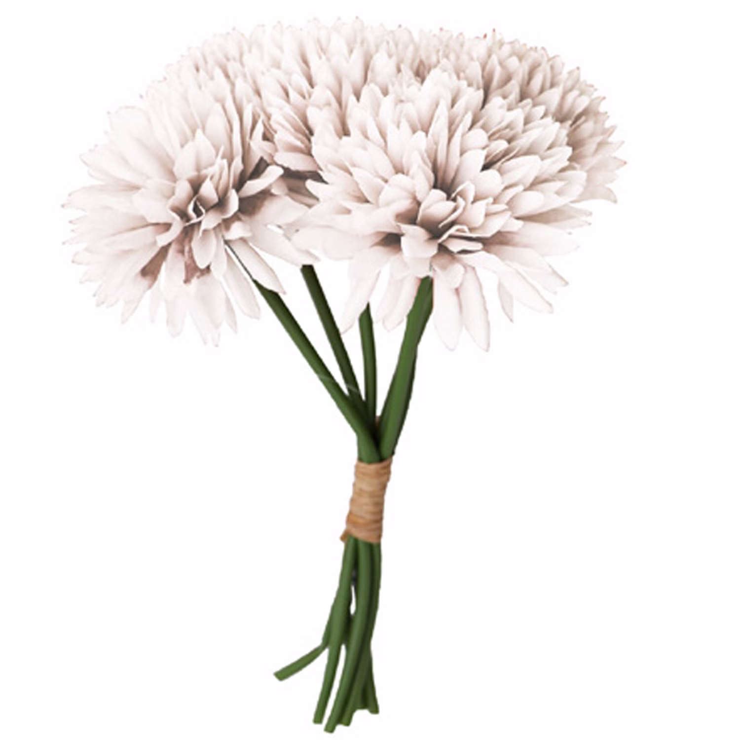 Kunstblumen Dahlien Weiß Blumenstrauß Künstlicher Blumenstrauß mit sechs weißen Dahlien, üppigen Blüten, grünen Stielen und naturfarbener Bindung vor weißem Hintergrund.