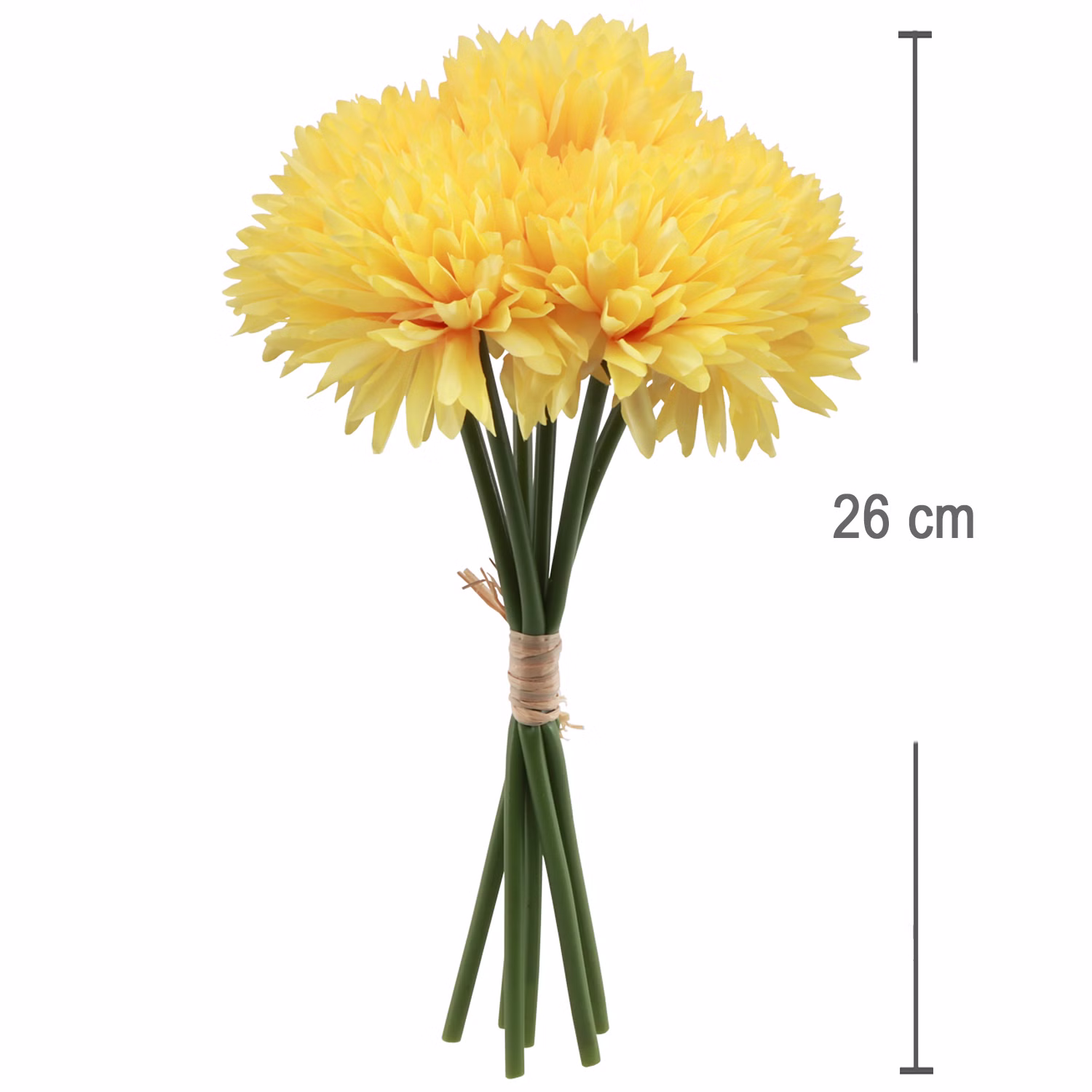 Kunstblumen Dahlien Gelb Maße 26 cm Sechs künstliche Dahlien in leuchtendem Gelb als gebundener Blumenstrauß mit grünen Stielen und einer Gesamtlänge von 26 cm.