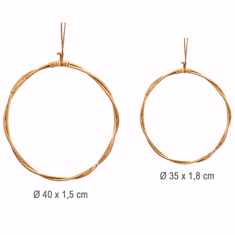 Rattan-Kranz rund 2er Set 40 & 35 cm Natur Deko zum Basteln Boho Vintage Bastelbedarf SALE Hochzeit Dekoration Bastelmaterial Türdeko Geschenk 2er-Set Rattan-Kranz mit Maßangaben.